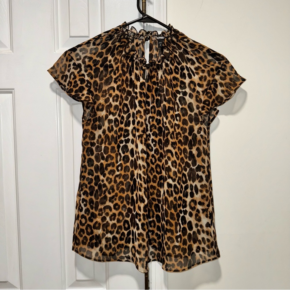 Express mock neck sheer leopard print short sleeve blouse top brown black S - Picture 3 of 16